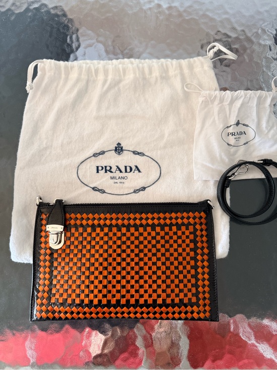 Prada Handbags - Prada Orange & Black Woven Madras Leather Clutch Bag with Shoulder Strap